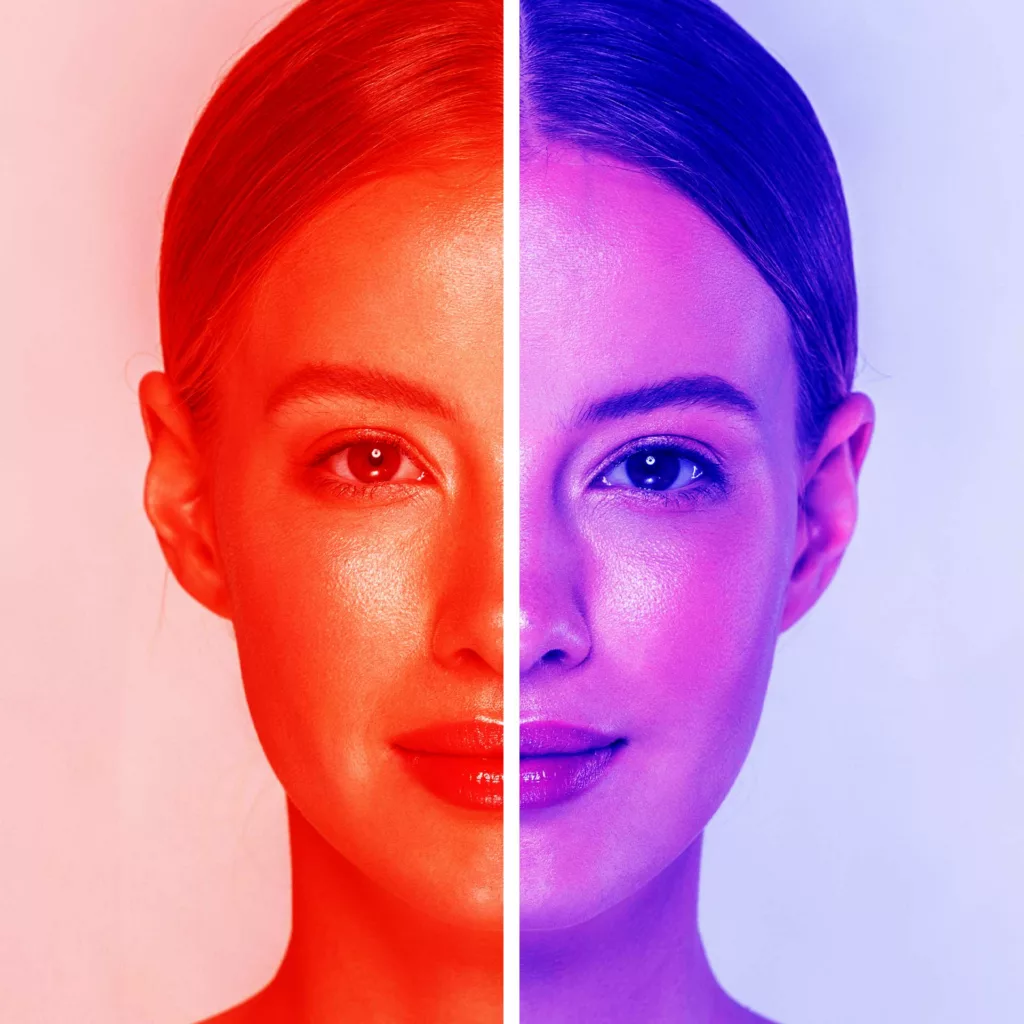 red and blue lighting across a woman's face