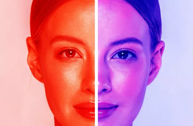red and blue lighting across a woman's face