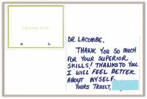 heartfelt letter from patient to dr. victor lacombe expressing delight with cosmetic surgery results