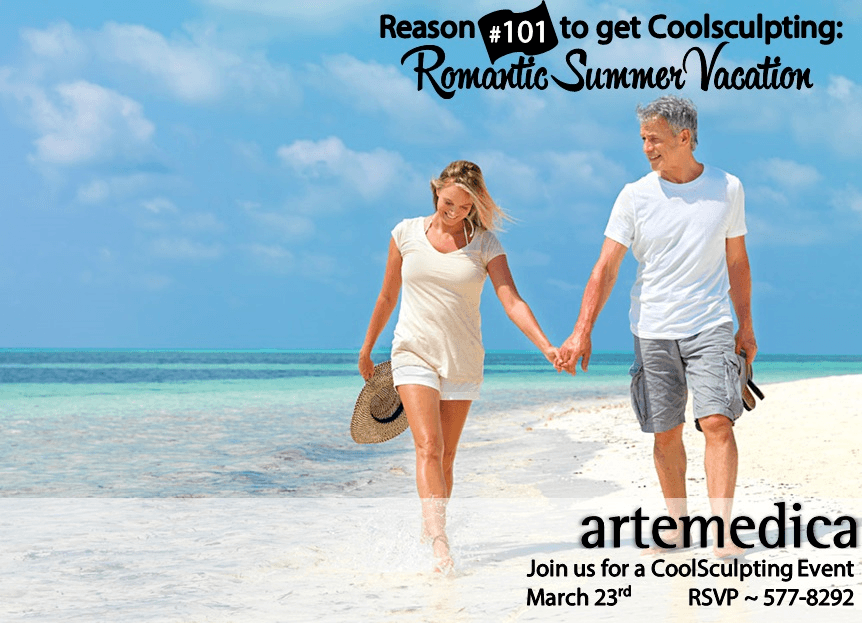 Couple walks along the beach after attending the 2016 Pre-Summer Coolsculpting Event at Artemedica