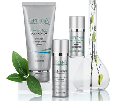 lineup of Replenix skincare including smoothing body lotion, eye repair cream, and retinol treatment serum