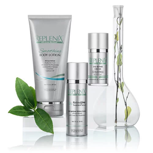 lineup of Replenix skincare including smoothing body lotion, eye repair cream, and retinol treatment serum