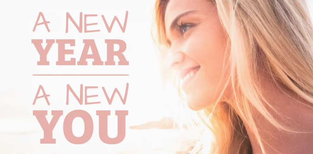 Woman smiling into sunrise. Text reads: New year new you