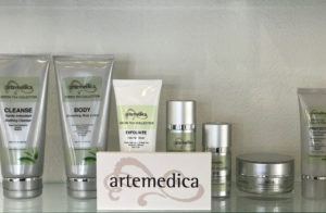 lineup of Artemedica skincare green tea collection