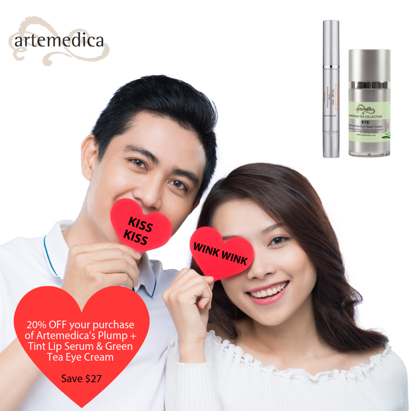 man and woman holding paper hearts over their mouth and eye next to artemedica skincare green tea collection