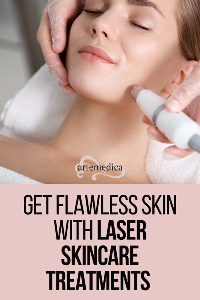 Our Top 3 Laser Face Treatments For Flawless Skin graphic with women laying down looking peaceful while having laser skin treatment on her face