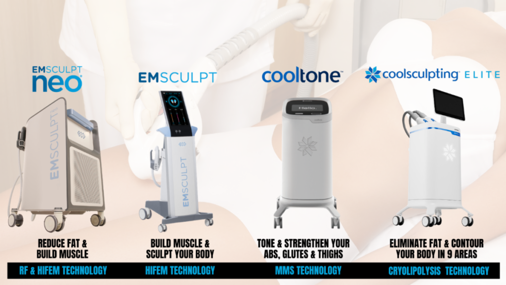 various emsculpt neo, emsculpt, cooltone, and coolsculpting elite machines