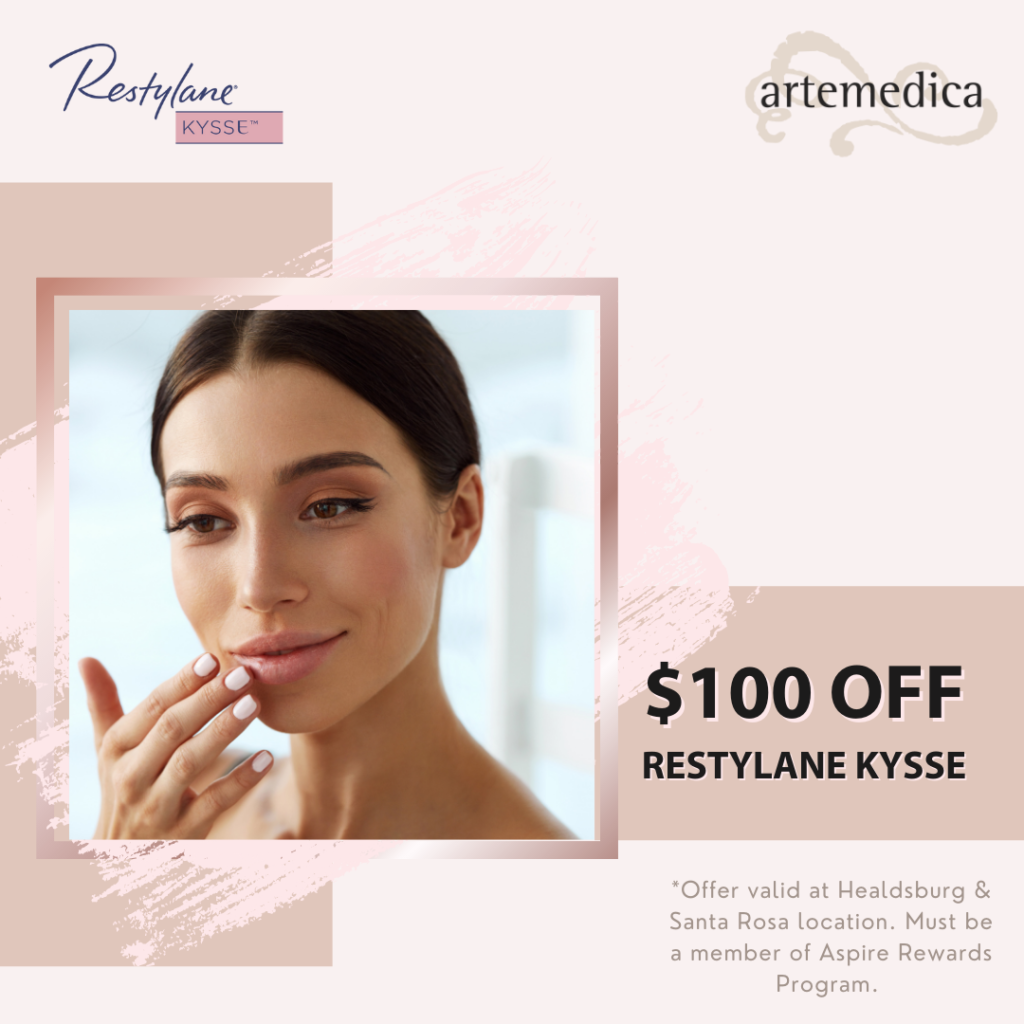 save $100 on restylane kiss available at Artemedica Healdsburg and Santa Rosa