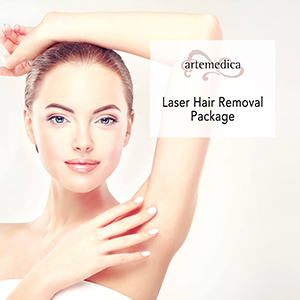Woman showing results of laser hair removal under arms with text overlay that reads "Laser Hair Removal Package" and the Artemedica Logo