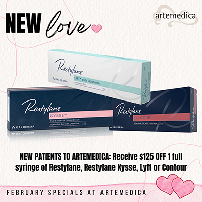 New patients receive $125 off 1 full syringe of Restylane, Restylane Kysse, Lytt, or Contour at Artemedica February 2022