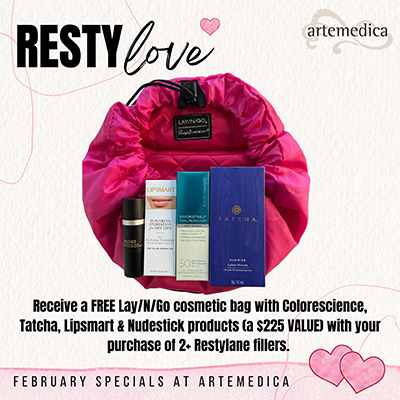 Free cosmetic bag with popular lip products with purchase of 2+ Restylane fillers at Artemedica February 2022