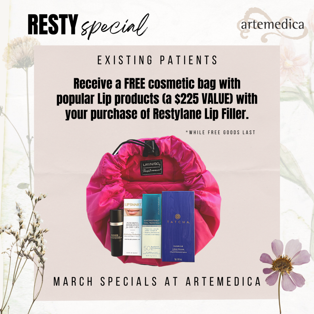 Free cosmetic bag with popular lip products with purchase of Restylane Lip Filler at Artemedica March 2022