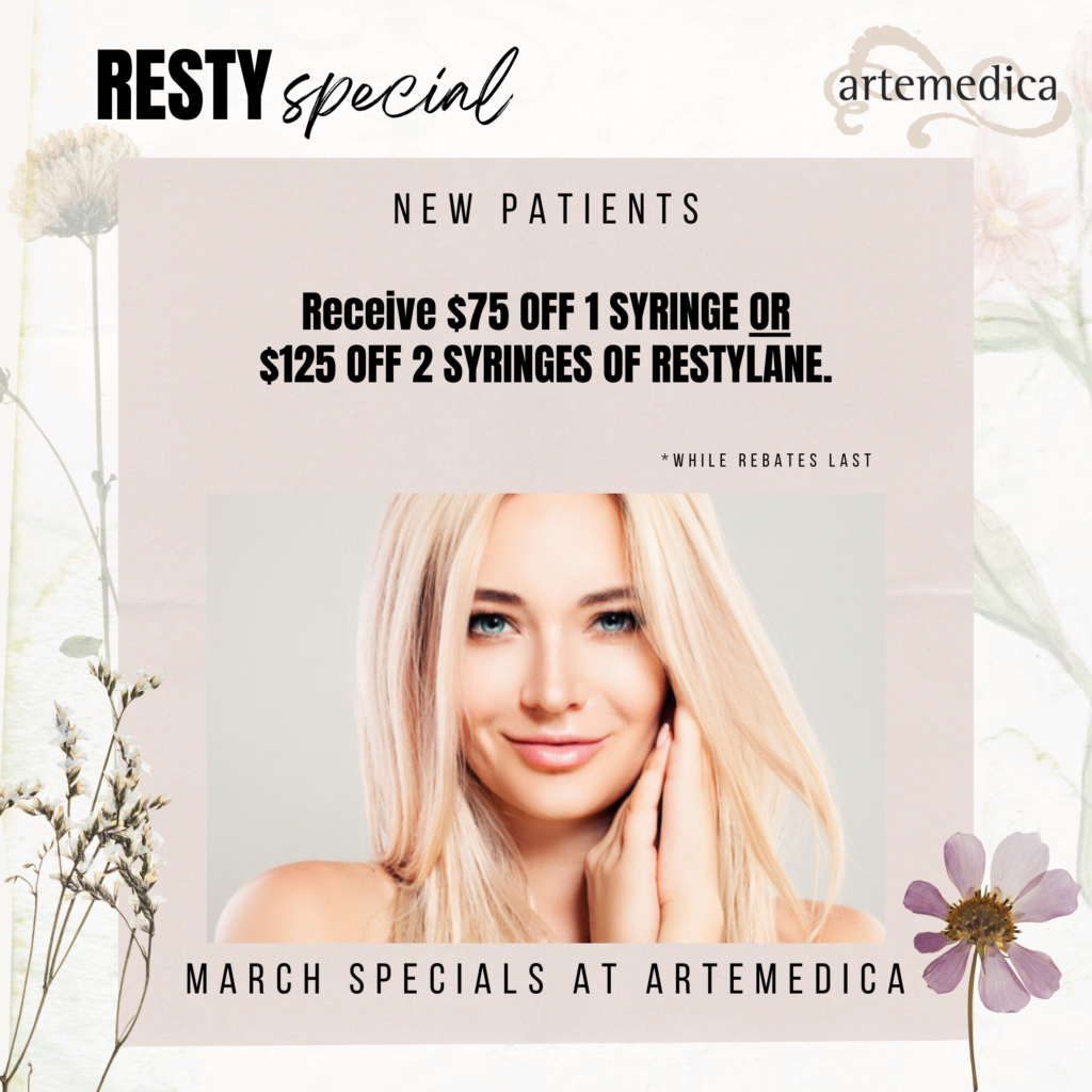 $75 off 1 syringe or $125 off 2 syringes of Restylane Filler available at Artemedica March 2022