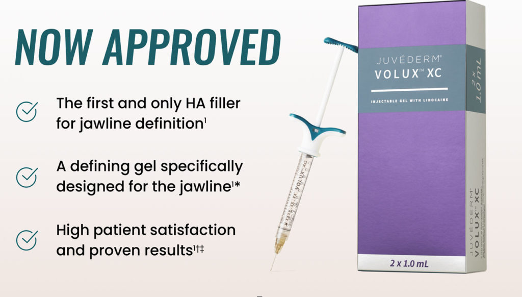Box of Volux XC and injecting needle with "Now Approved" and three bullet points