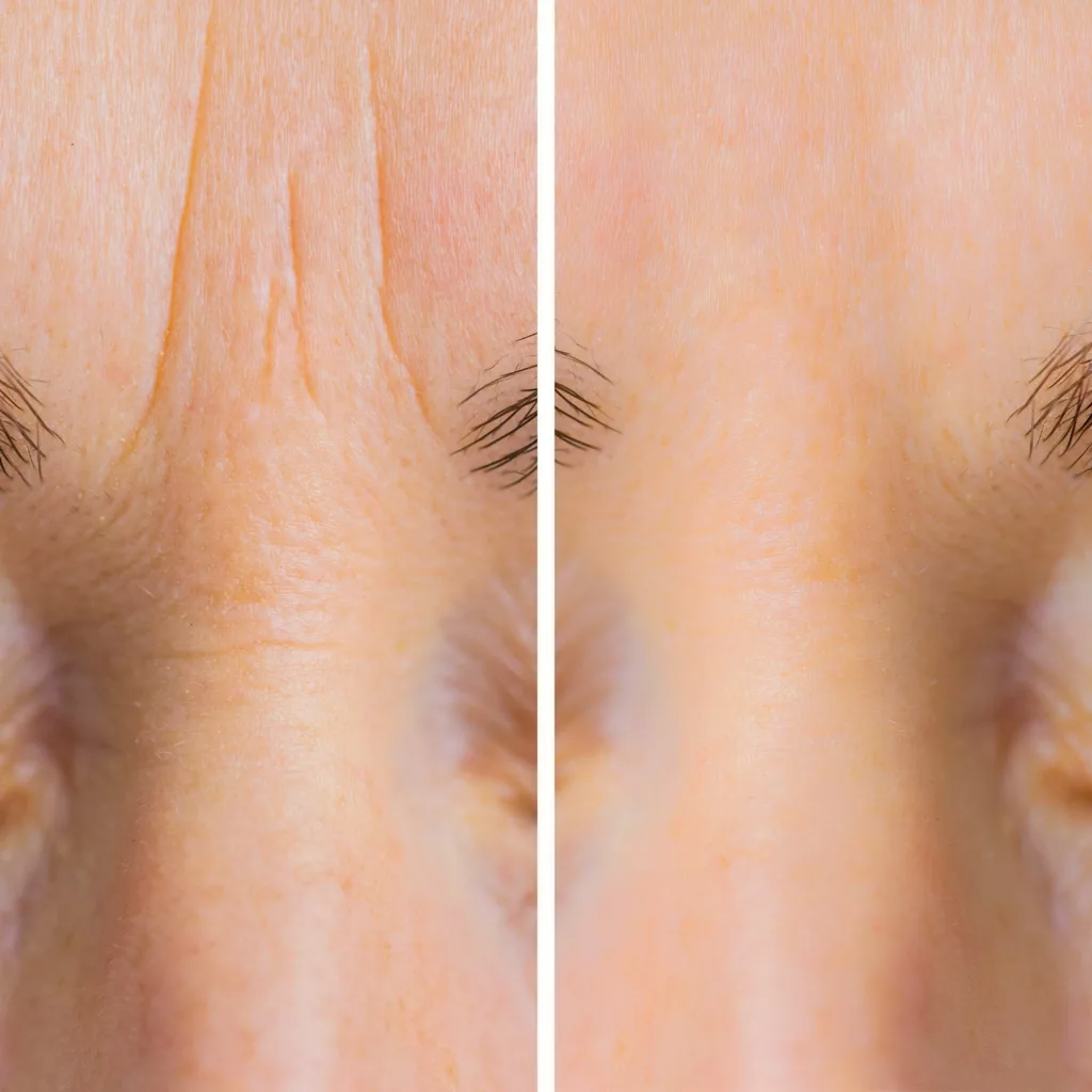 before and after DAXXIFY injections to address wrinkles between the eyebrows