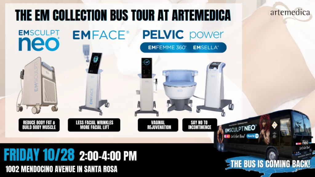 The EM Collection Bus Tour Event Flyer, Friday, October 28, 2022 from 2:00pm to 4:00pm at Artemedica in Santa Rosa