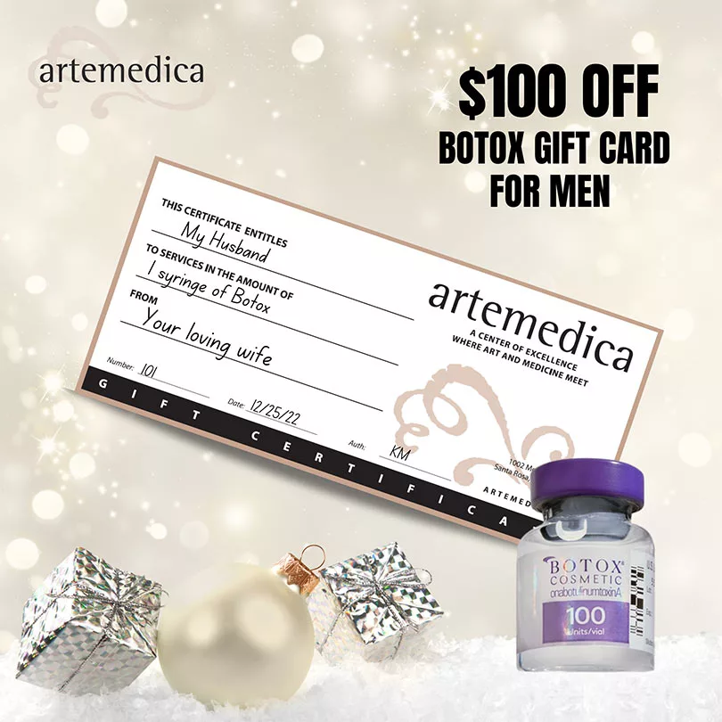 "$100 OFF BOTOX GIFT CARD FOR MEN" above graphic of Artemedica gift card and bottle of botox on holiday background