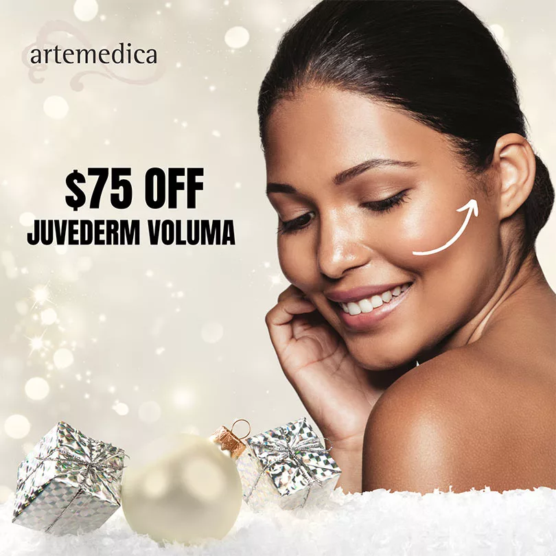 smiling woman with graphic of arrow along her cheek, "$75 Off Juvederm Voluma" on holiday background