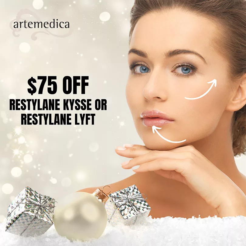 "$75 OFF Restylane Kysse or Restylane Lyft" womaan with hand under chin on holiday background