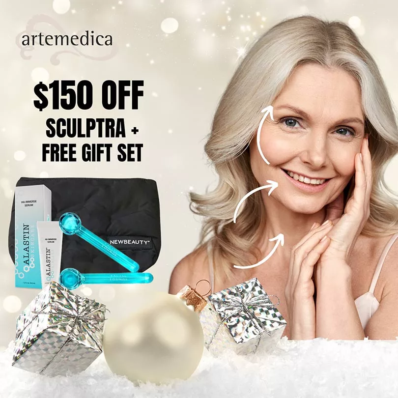 Smiling woman with one hand on face and other on that wrist, holiday background, "$150 OFF SCULPTRA + FREE GIFT SET" 