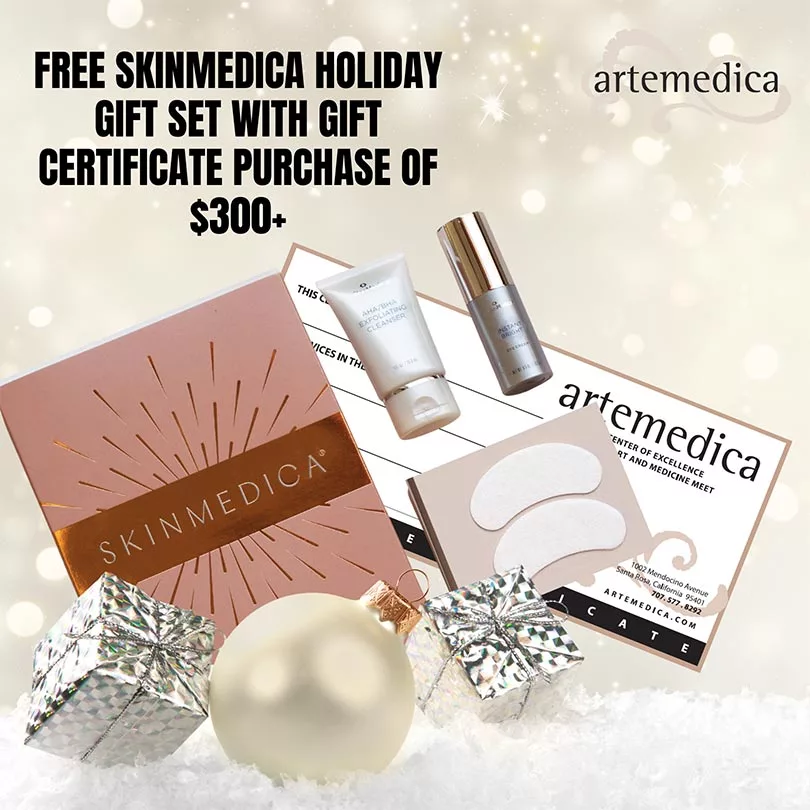 "FREE SKINMEDICA HOLIDAY GIFT SET WITH GIFT CERTIFICATE PURCHASE OF $300+" on holiday background with skinmedica items