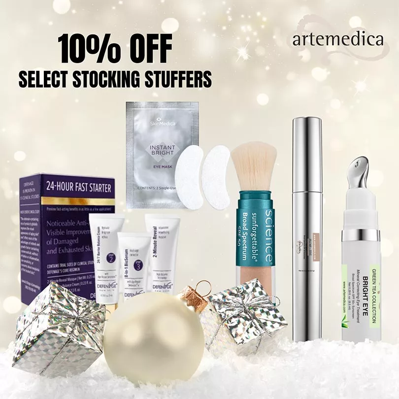 "10% OFF SELECT STOCKING STUFFERS" on holiday background with examples