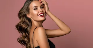Beautiful smiling woman with long wavy hair wearing red lipstick and matching nail polish.