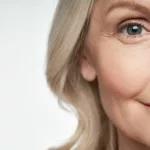 Half of older, smiling blonde woman's face
