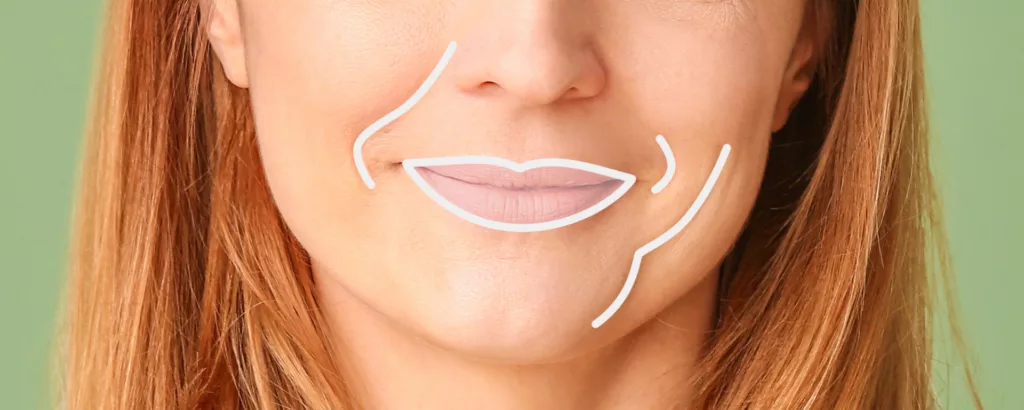 diagram showing what restylane addresses such as smile lines, marionette lines, thin lips, etc