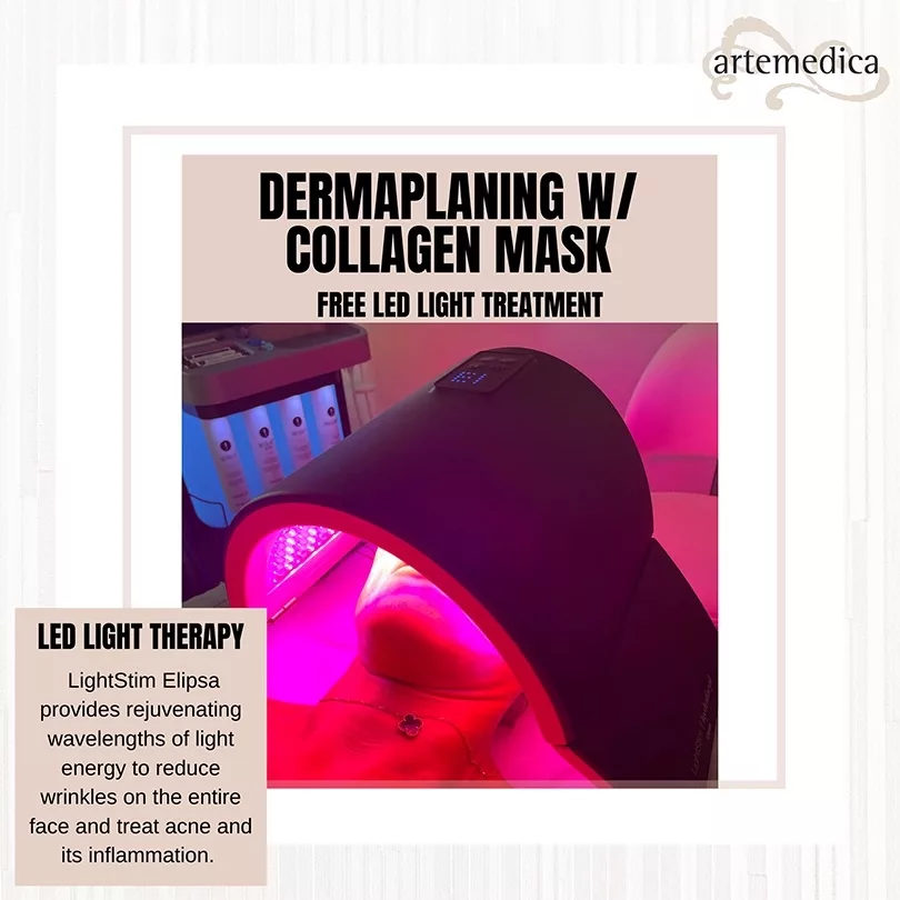 Dermaplaning w/ collagen mask - free LED light treatment. Chin and neck peeking out from illuminated cylinder over face