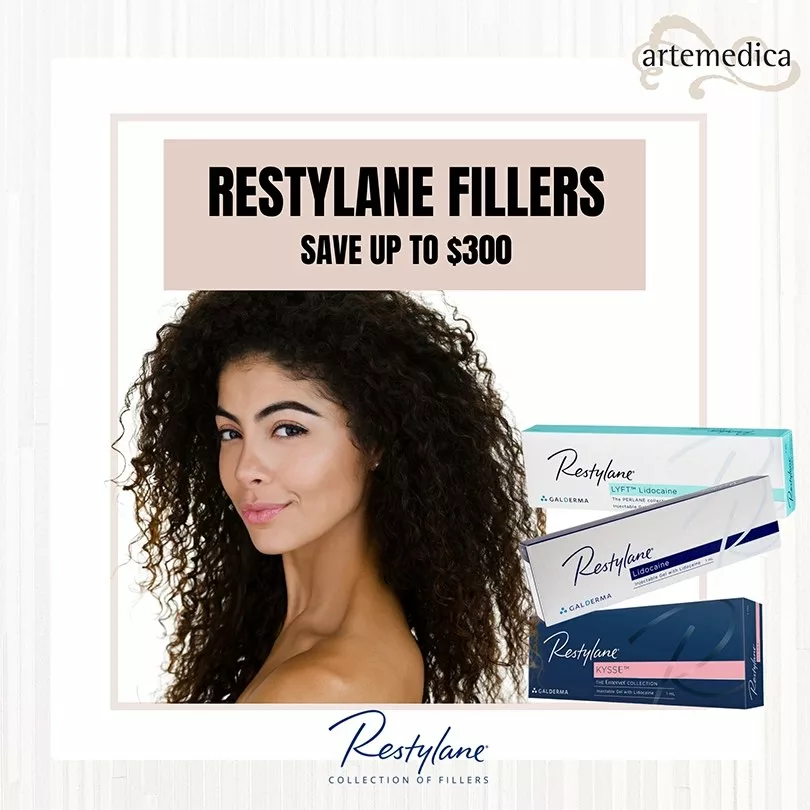 Restylane Fillers - save up to $300. Woman's head and shoulders, with abundant dark, curly hair