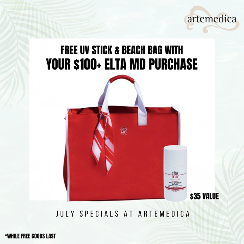 Artemedica July 2023 special offer free UV stick & beach bag w/ $100+ EltaMD purchase