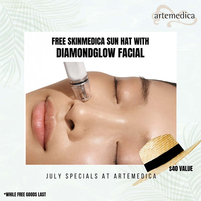 Artemedica July 2023 special offer free Skinmedica Sun hat with DiamondGlow Facial