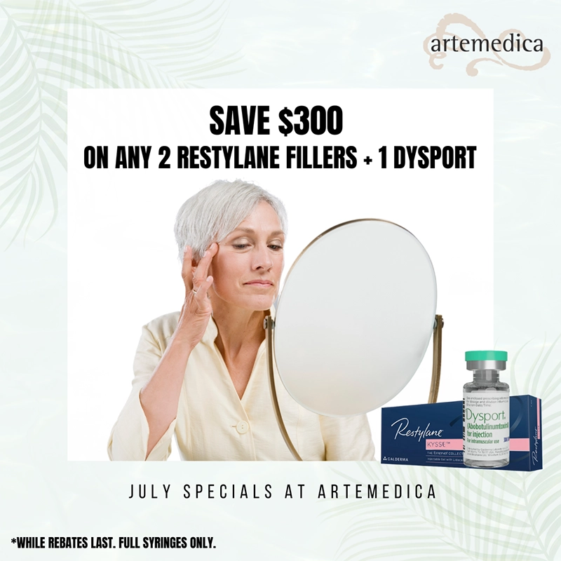 Artemedica July 2023 special offer save $300 on any 2 Restylane Fillers + 1 Dysport