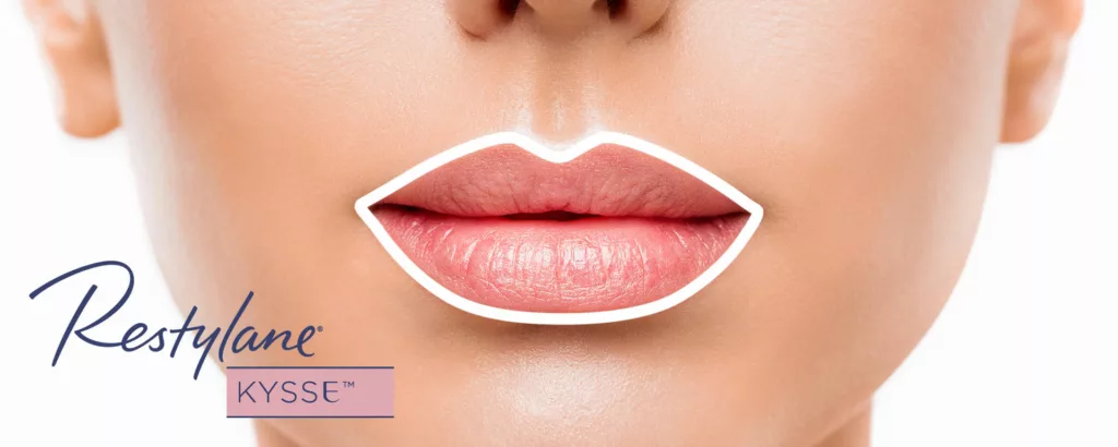 diagram showing what restylane kysse injections treat such as increasing lip volume, color and improving texture