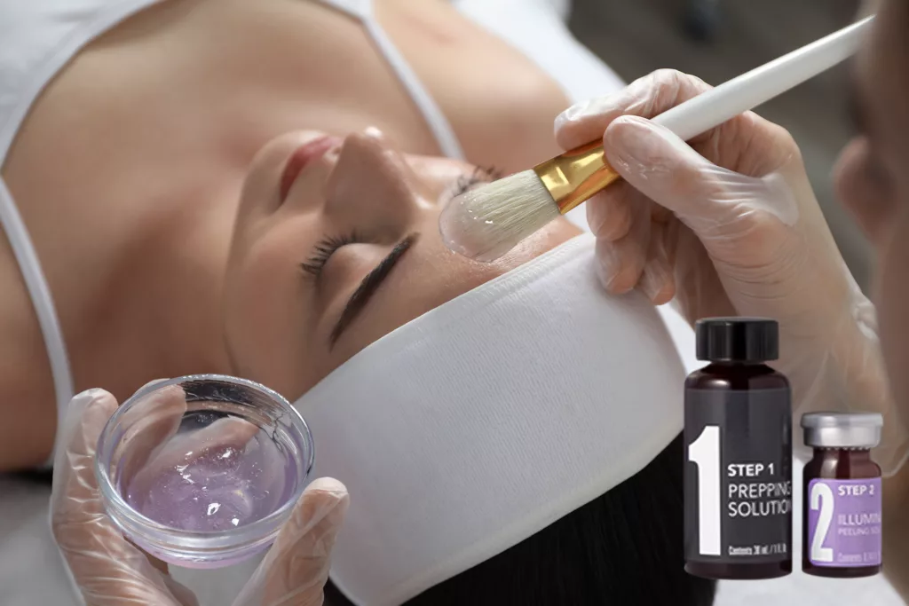 a licensed aesthetician administers a medical-grade chemical peel to a patient's forehead