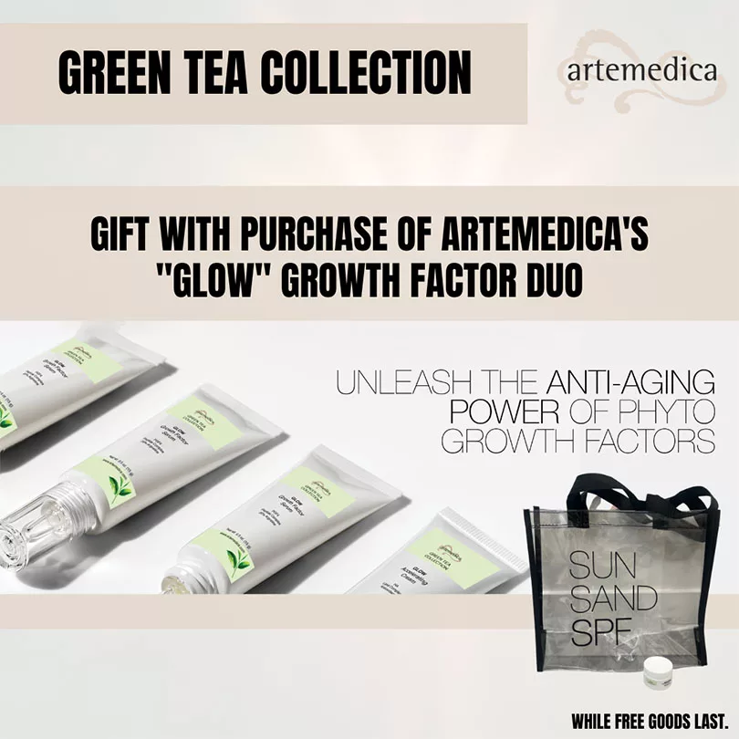 Graphic featuring a special offer for free gift with purchase of Artemedica's "Glow" growth factor duo skincare available at Artemedica during the month of August 2023 while free goods last.