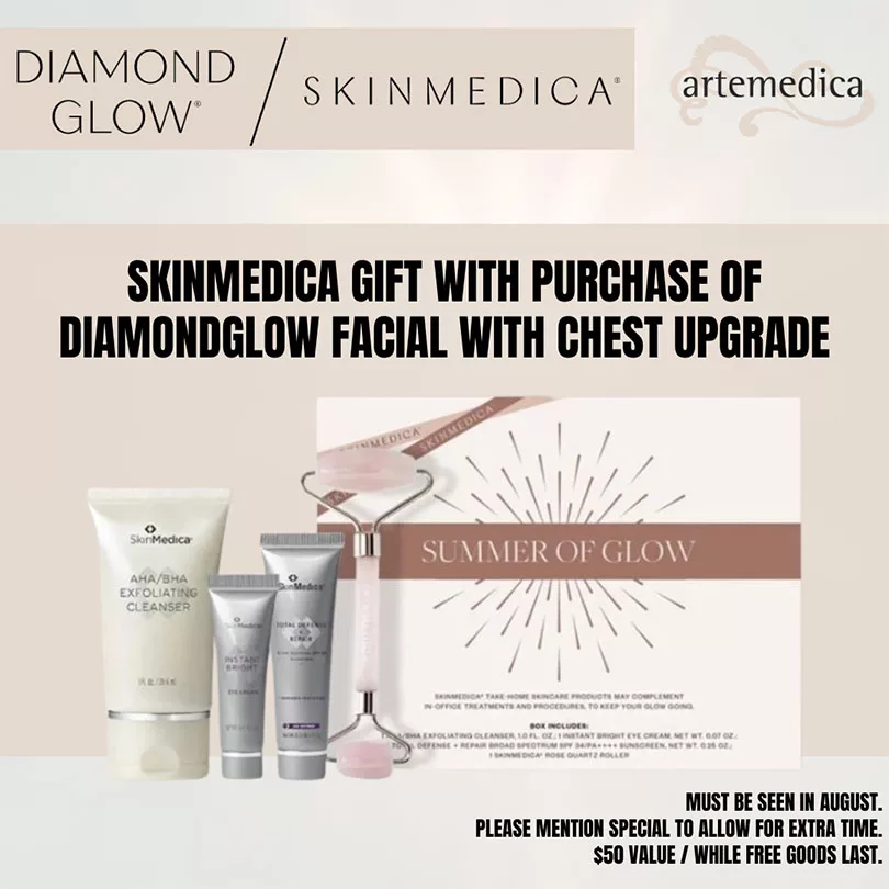 Graphic featuring a special offer for free Skinmedica gift with purchase of DiamondGlow Facial with Chest Upgrade available at Artemedica during the month of August 2023 while free goods last.