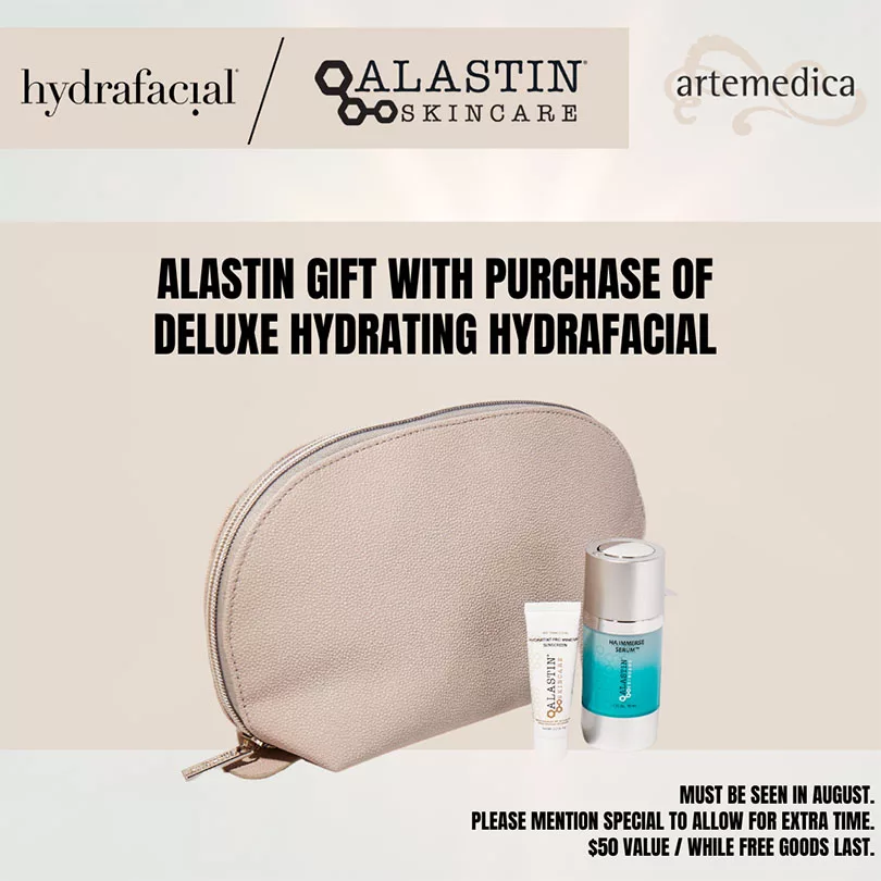 Graphic featuring a special offer for free Alastin skincare gift with purchase of Deluxe Hydrating HydraFacial treatment available at Artemedica during the month of August 2023 while free goods last.