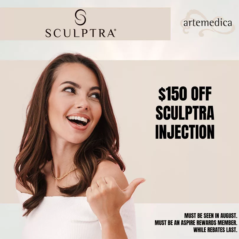 Graphic featuring a special offer for $150 off Sculptra Injection available at Artemedica during the month of August 2023 while rebates last.