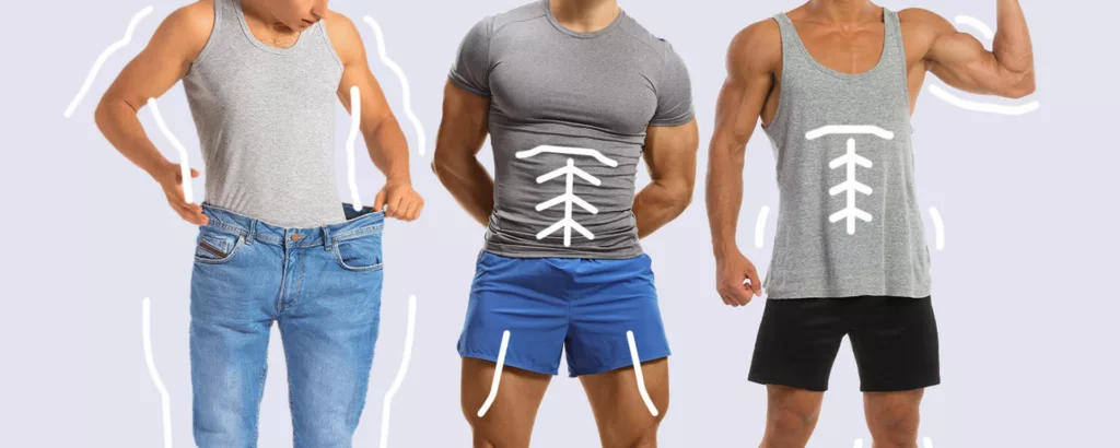 Three muscular men standing side by side in work out attire, demonstrating the body sculpting possibilities with an Emsculpt Medical Gym membership at Artemedica