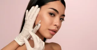 A portrait of a young woman recieving a botox injection in her cheek