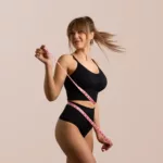 A smiling woman measures her waist after weight loss injections