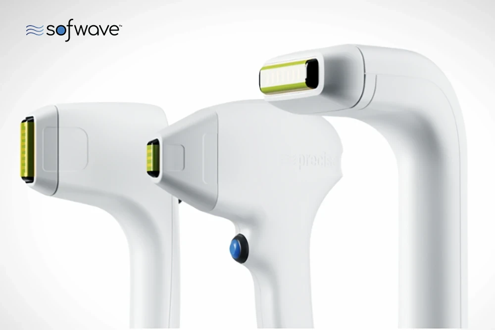 Three Sofwave skin rejuvenation applicator heads in different sizes and shapes to treat different areas of the body