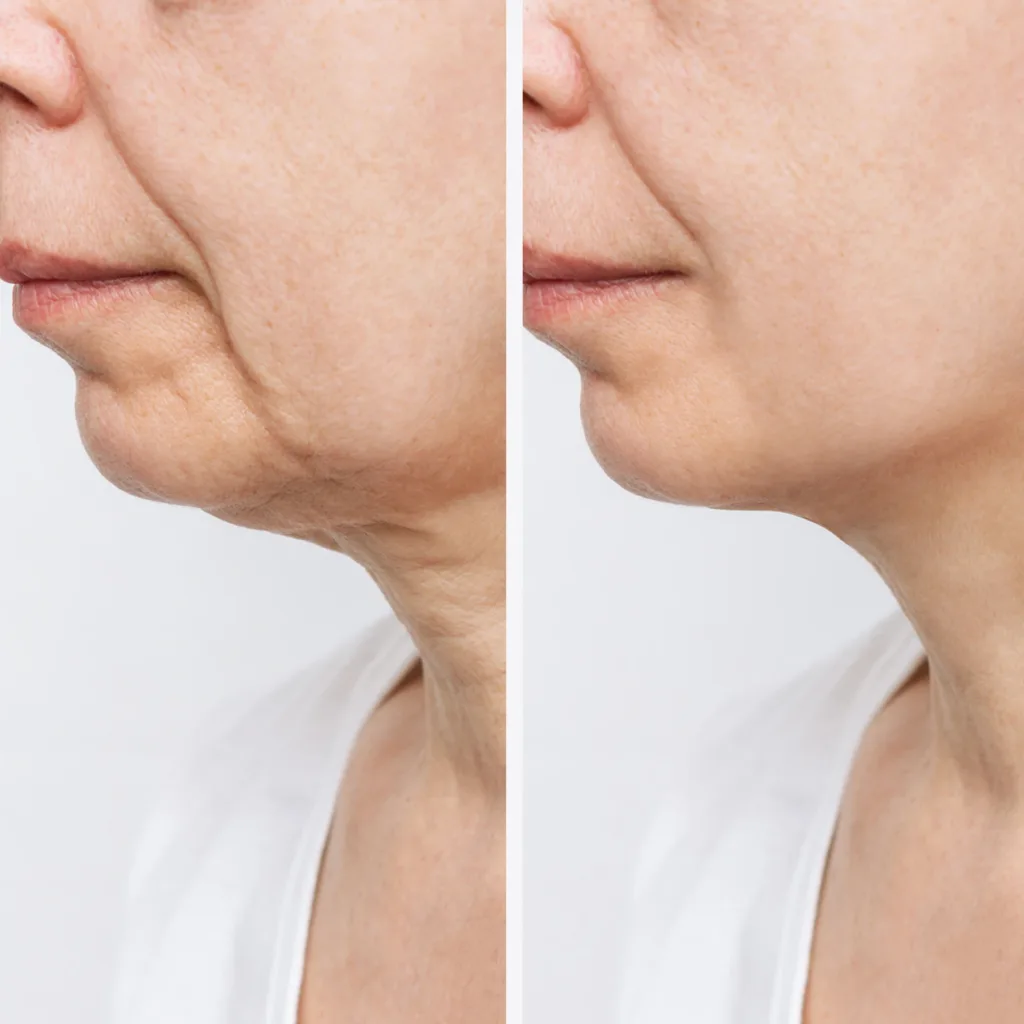 Sofwave skin rejuvenation treatment before and after photos showing skin lifting in the lower face and neck