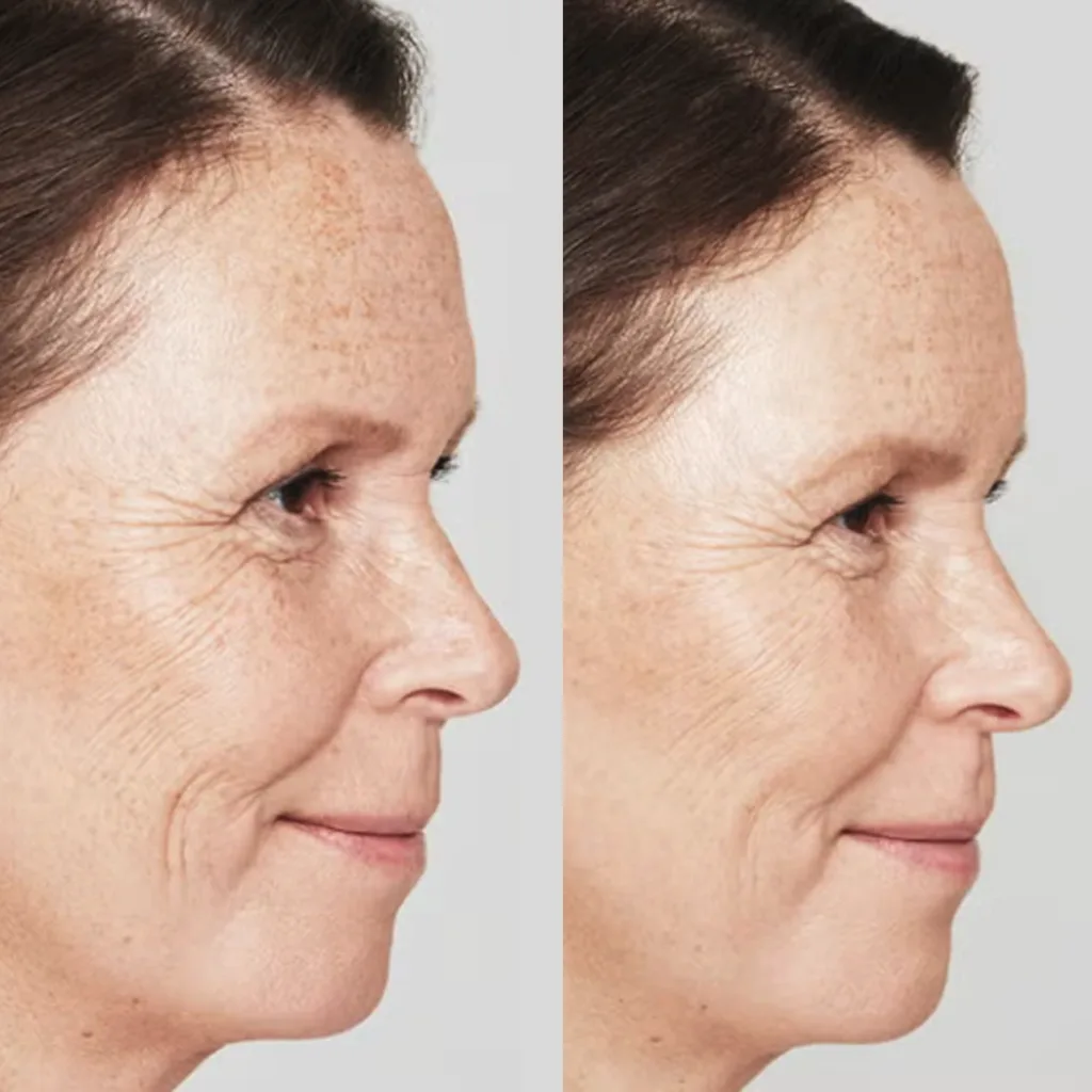 Restylane Skinboosters Before and After image showing significantly reduces wrinkles and fine lines around the eyes, cheeks, and mouth.