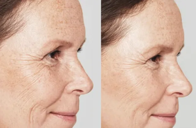 Restylane Skinboosters Before and After image showing significantly reduces wrinkles and fine lines around the eyes, cheeks, and mouth.