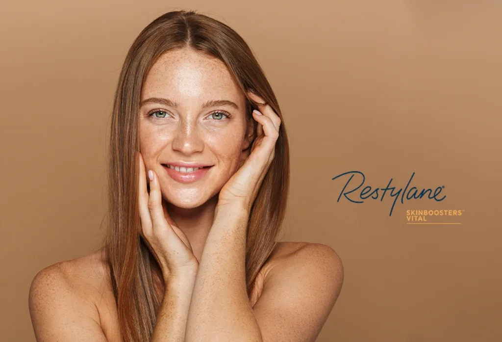 Restylane Skinboosters logo overlay next to a beautiful women with long red-brown hair, green-blue eyes, and clear, hydrated, healthy, and youthful looking skin.