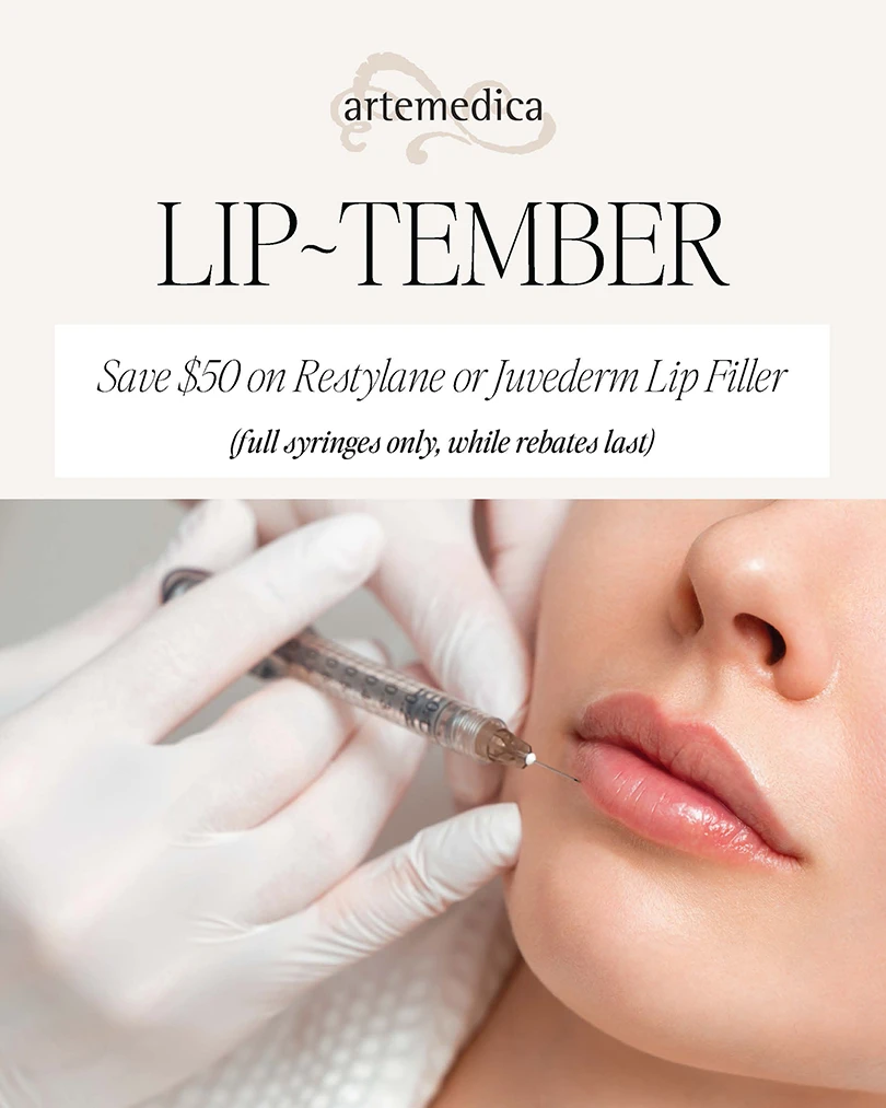 Artemedica September 2025 Special Offer for: Save $50 on a full syringe of Restylane or Juvederm lip filler