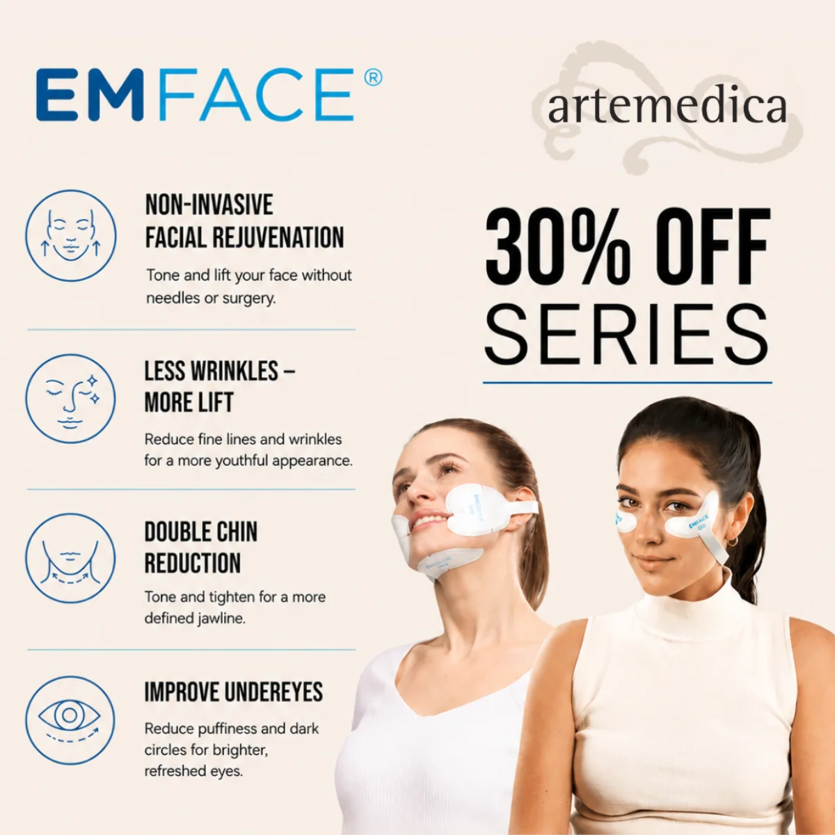 An infographic showing the EMFACE specials at Artemedica for the EMSCULPT NEO 2026 bus tour - 30% off series